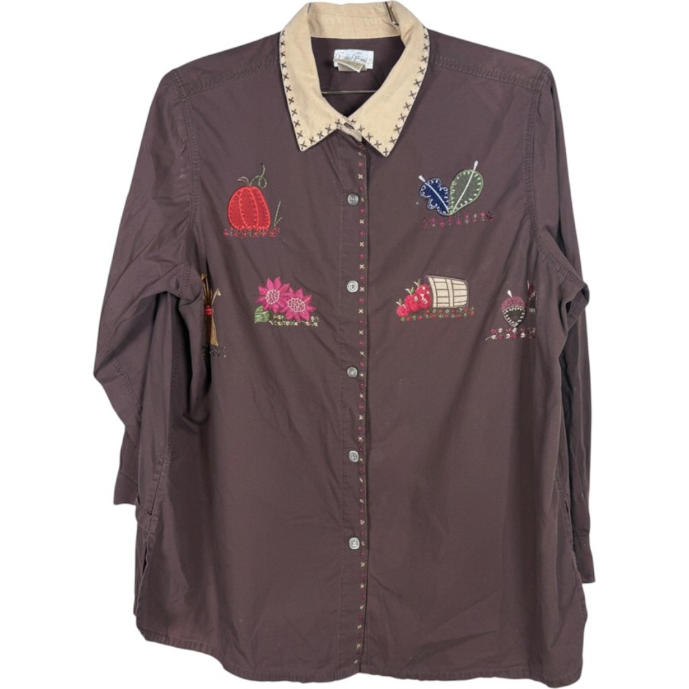 Bobbie Brooks Woman Brown Embroidered Fall Pumpkin Shirt Corduroy Collar 18W/20W